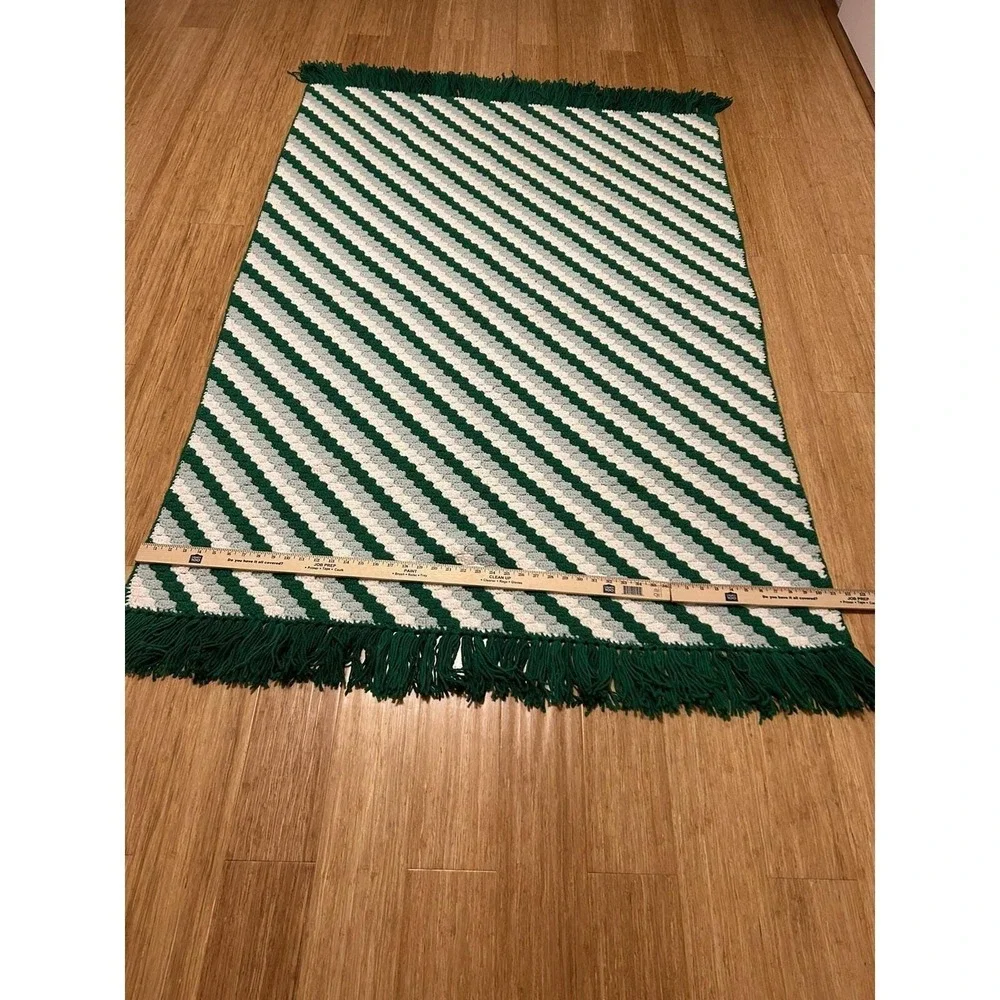 Vtg Crocheted Green White Afghan Throw‎ fringe 72x45 Retro Cottagecore Boho folk